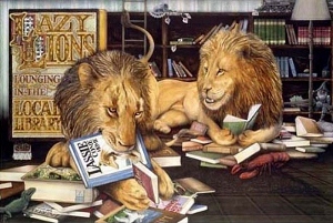 Lazy Lions Lounging in the Local Library from "The Art of Graeme Base"