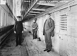 Sing Sing prison, with warden T. M. Osborne and two other men. Date unknown. Photograph is from the Library of Congress online catalog. There are no known restrictions on its publication, so it appears to be in the public domain. 